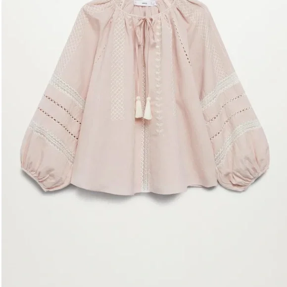 Mango Embroidered Linen Cotton Blouse Balloon  Sleeve washed pink sz med/6 - Picture 2 of 13